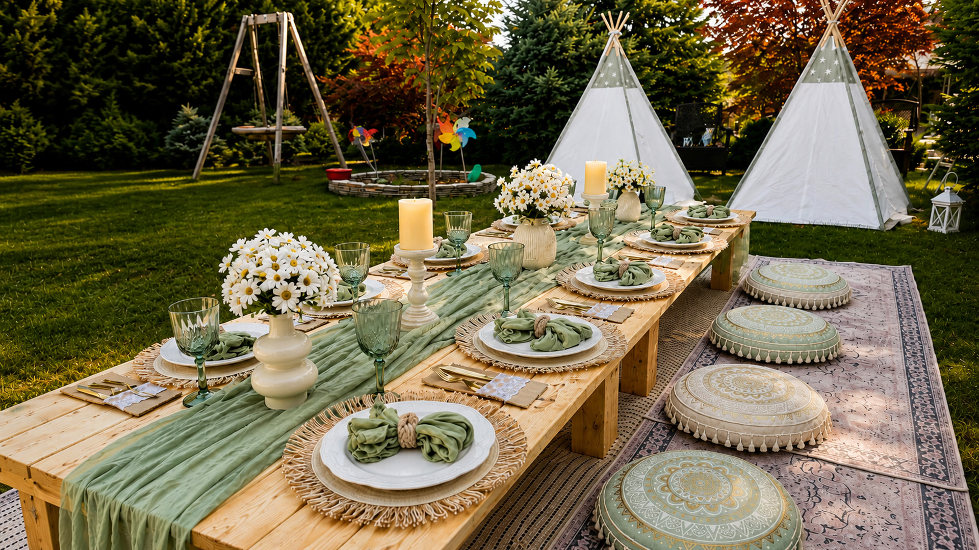 Masa boho decorata in gradina pentru un eveniment privat